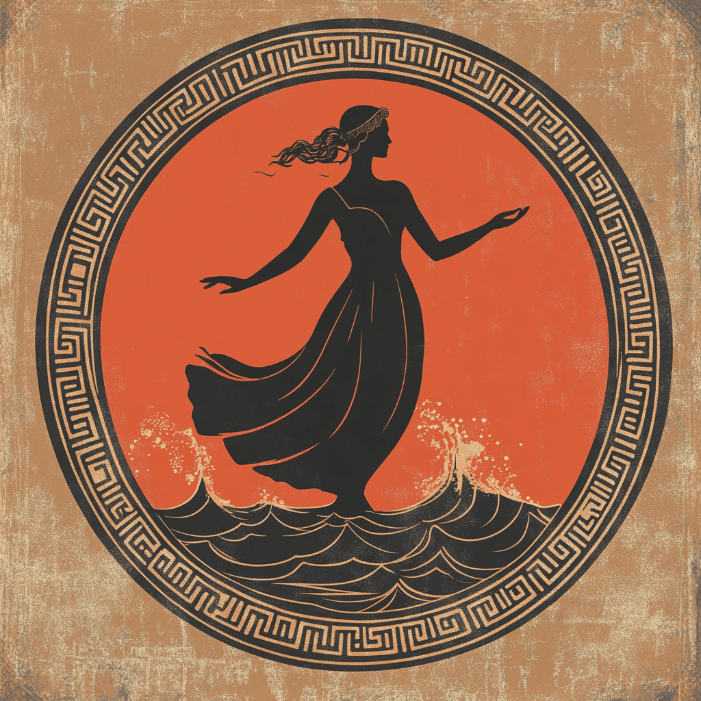 Mythia artwork of Eurynome dancing above the waves
