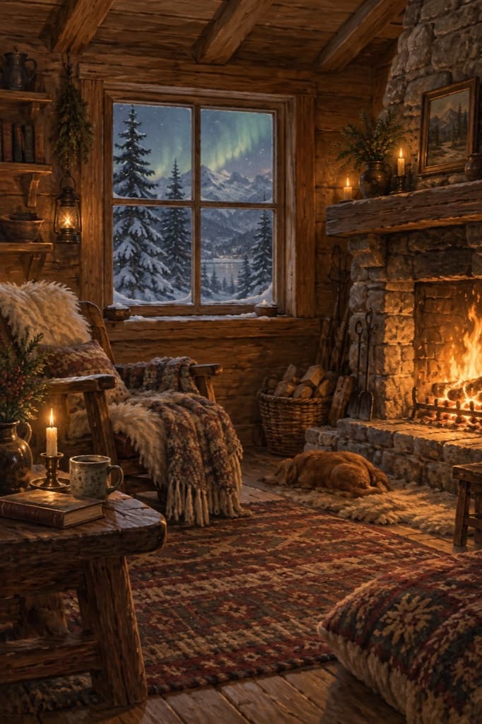 A warm cabin in a snowy mountain landscape