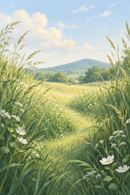 A winding path through a sunlit meadow